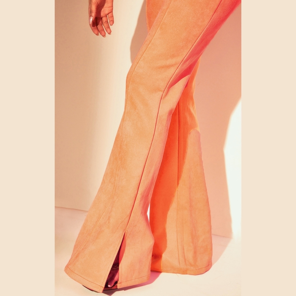 PrettyLittleThing Coral Bonded Suede Festival Flare Pants - size 0